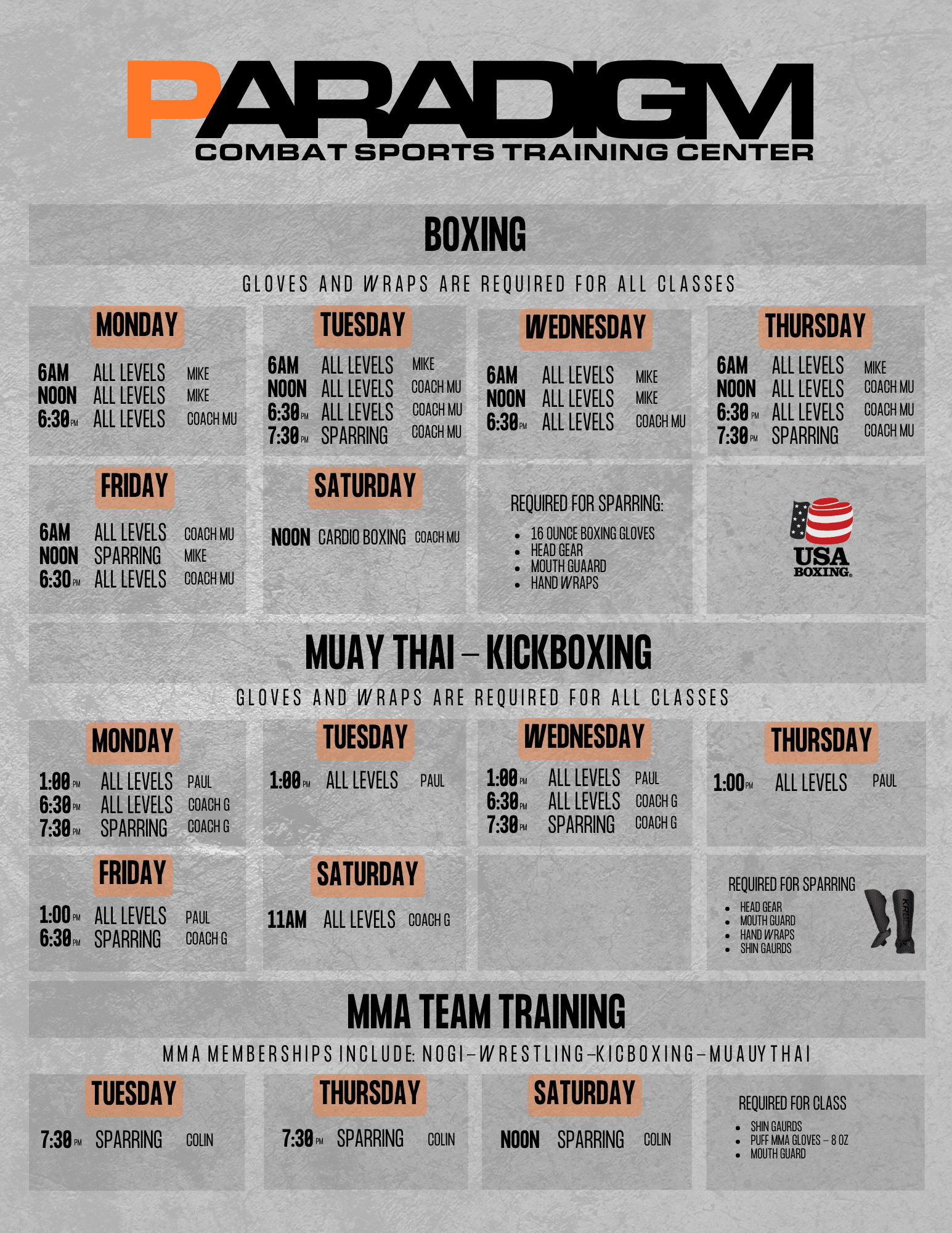 Boxing, Muay Thai, and MMA class schedule Paradigm® Combat Sports Training Center, Sugar Land, Texas.