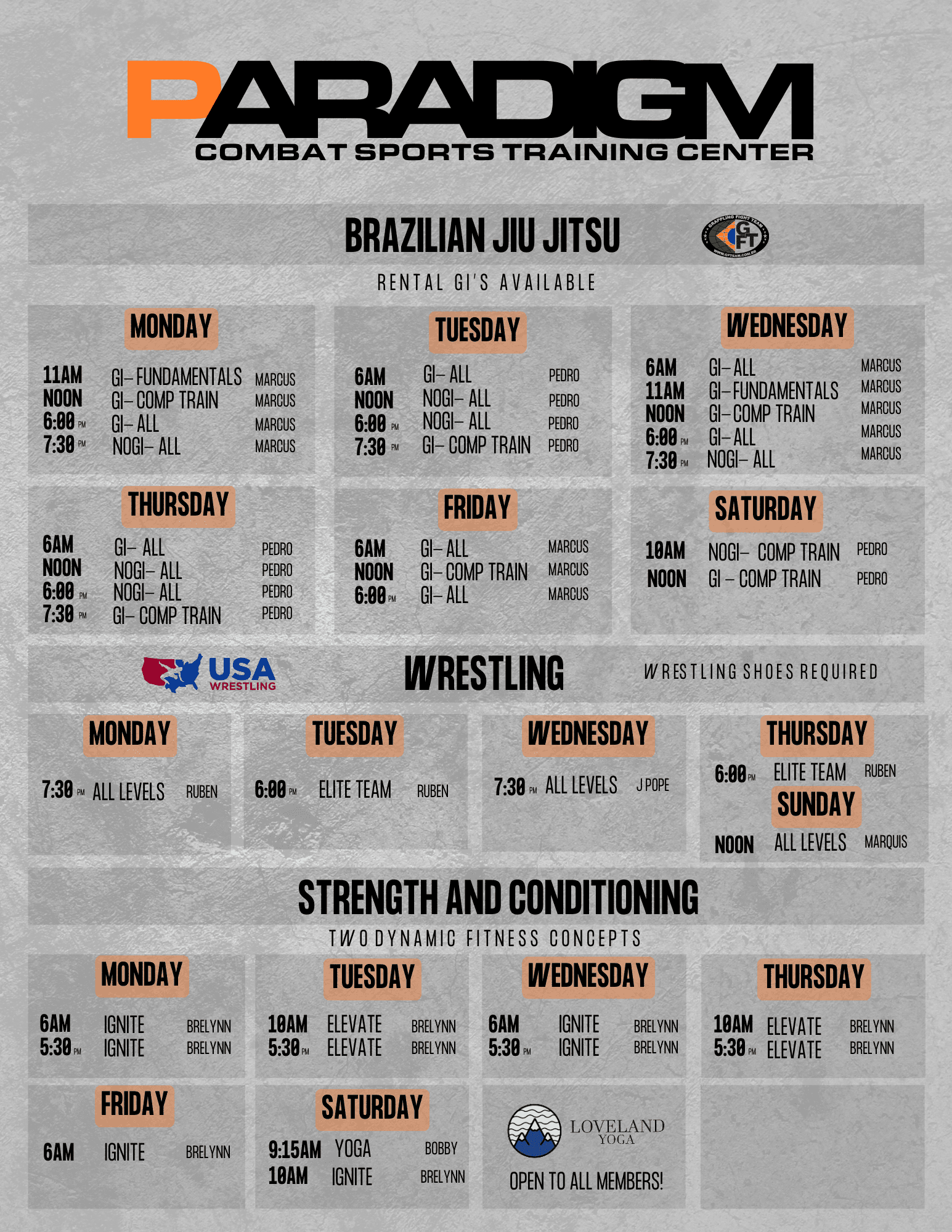 Brazilian Jiu Jitsu, Wrestling, and Strength & Conditioning Class Schedule Paradigm Combat Sports, Sugar Land, Texas.