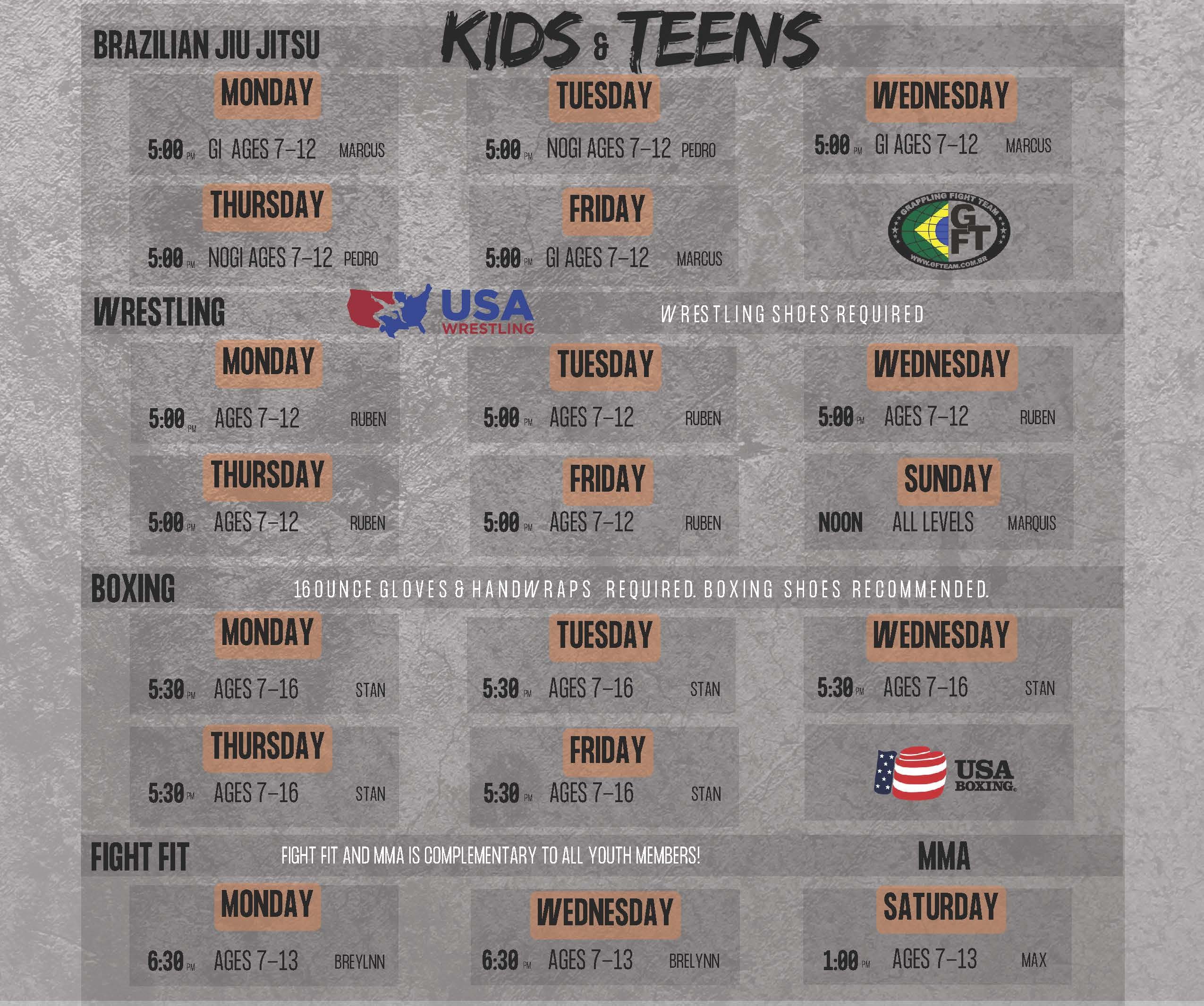 Combat sports training for kids and teens schedule at Paradigm Combat Sports Sugar Land, Texas