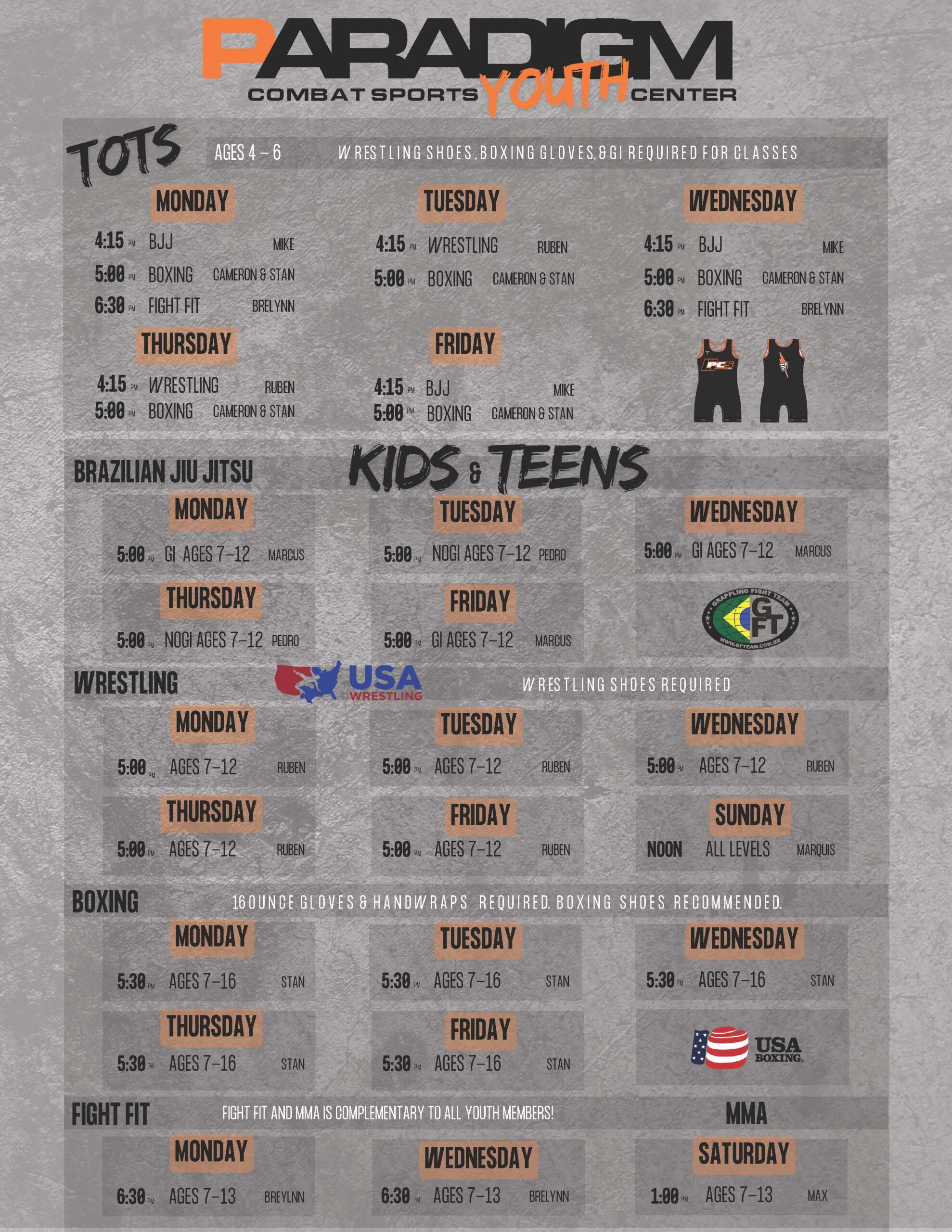 Tots Program &b Youth Program Schedule for Paradigm Sugar Land, Texas